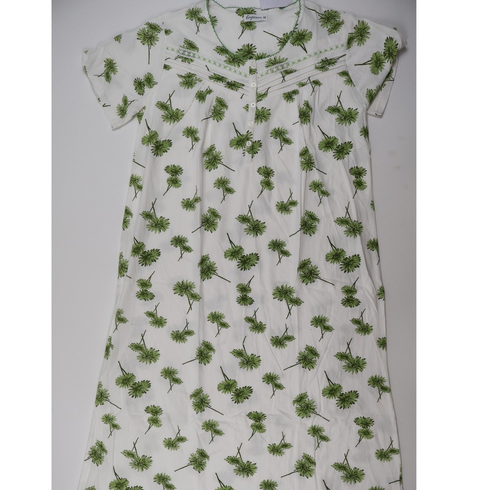 Keyocean Nightgown Floral Print White Green Medium 100% Cotton NWT
